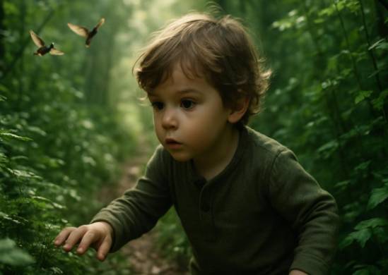 exploring child, curious expression, discovering a hidden forest path, photorealistic, dense woods with sunlight filtering through leaves, highly detailed, birds fluttering above, close-up perspective, natural greens, soft lighting, shot with a macro 100mm lens.