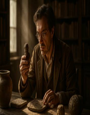 discovering scientist, intrigued expression, analyzing ancient artifacts, photorealistic, within a dusty old library, highly detailed, particles floating in sunlight, cinematic shot, sepia tones, backlighting, shot with a 50mm prime lens.