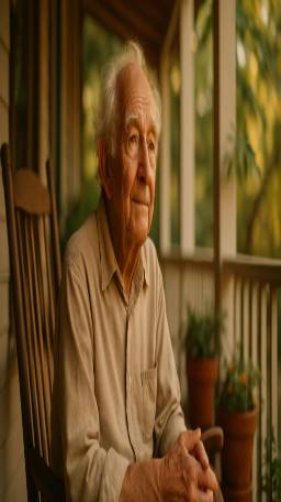 reflective elderly person, nostalgic expression, recalling childhood memories, photorealistic, sitting on a cozy porch with rocking chairs and potted plants, highly detailed, gentle breeze rustling leaves, portrait focus, warm colors, ambient lighting, shot with an 85mm lens.