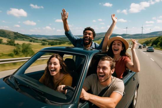 joyful travelers, excited expressions, embarking on a road trip, photorealistic, open highway with scenic views of rolling hills, highly detailed, passing cars and distant wind turbines, panoramic view, vibrant hues, midday lighting, shot with a 24mm lens.