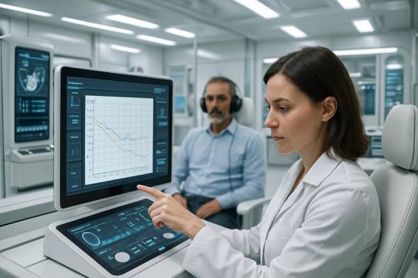 futuristic audiology exam, focused, analyzing results, photorealistic, sophisticated medical facility with state-of-the-art technology, highly detailed, digital displays and interactive panels, high dynamic range, white and silver, bright overhead fluorescent lighting, captured with a 35mm lens.