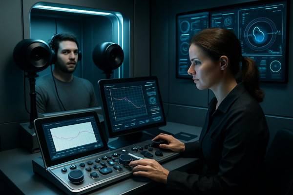 high-tech audiology test, engaging, operating equipment, photorealistic, futuristic audiology lab with interactive interfaces, highly detailed, surround sound testing units, true-to-life colors, metallic silver and black, cool LED lighting, documented with a 24-70mm zoom lens.