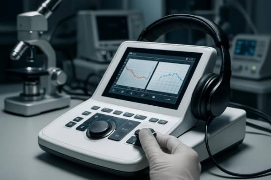 state-of-the-art audiology equipment, innovative, being calibrated, photorealistic, clinical research lab with advanced devices, highly detailed, precision instrument panels, vivid detail, sleek white and chrome, focused spotlight lighting, captured with a macro lens.