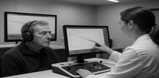 contemporary audiology exam, accurate, interpreting data, photorealistic, specialized medical center with cutting-edge tech, highly detailed, responsive touch screens, crystal clear image, monochrome palette, diffused ceiling lighting, shot with a 50mm prime lens.