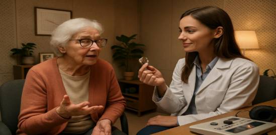 inquisitive audiology patient, calm, interacting with audiologist, photorealistic, welcoming examination room with personal touches, highly detailed, soundproofed environment, excellent clarity, earth tones, soft ambient glow, captured with a 24mm lens.