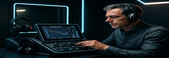 dynamic audiology test, precise, adjusting control panel, photorealistic, innovative hearing test facility with advanced solutions, highly detailed, digital acoustic testing tools, sharp focus, futuristic black and neon accents, bright directional lighting, shot with an 85mm lens.