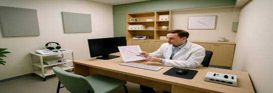 efficient audiology office, organized, assessing audiogram, photorealistic, sleek consulting room with modern amenities, highly detailed, discrete noise control solutions, full HD, ivory and mint green, even studio lighting, shot with a tilt-shift lens.