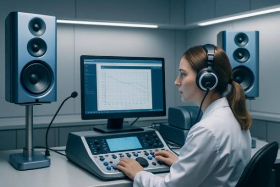 advanced audiology equipment, revolutionary, in use, photorealistic, state-of-the-art lab with seamless technology, highly detailed, high-frequency speaker systems, razor-sharp, metallic blue and white, focused task lighting, documented with a 35mm lens.