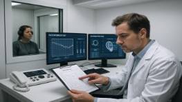 intriguing audiology exam, discerning, reviewing charts, photorealistic, advanced audiology department with immersive setup, highly detailed, interactive exam interfaces, supreme detail, sterile white and gray, clinical fluorescent lighting, shot with a 24-70mm zoom lens.