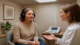 tranquil audiology patient, relaxed, communicating with specialist, photorealistic, specialized acoustic studio with calming decor, highly detailed, noise-canceling surfaces, incredible quality, pastel hues, subtle skylight illumination, captured with a 50mm lens.