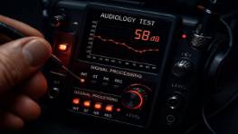 intricate audiology test, comprehensive, conducting fine adjustments, photorealistic, research-based audiology setup with custom tools, highly detailed, advanced signal processing systems, life-like sharpness, metallic black and red, precise LED lighting, shot with a macro lens.