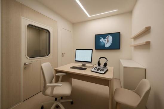 resourceful audiology office, efficient, utilizing interactive tech, photorealistic, minimalist design with focus on functionality, highly detailed, integrated acoustic solutions, exquisite clarity, soft neutral tones, ambient light settings, captured with a 14mm wide-angle lens.