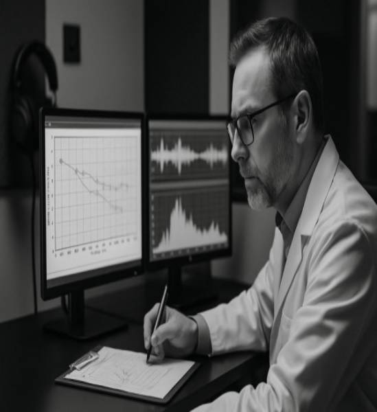 keen audiology exam, detailed, analyzing sound graphs, photorealistic, professional audiology setup with modern touch, highly detailed, real-time sound analysis displays, fine resolution, monochrome, professional studio lighting, documented with an 85mm lens.