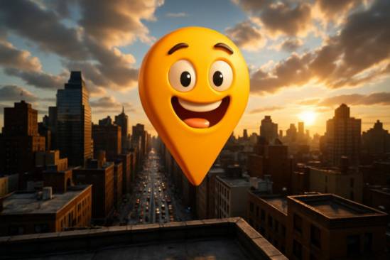 bright location marker, excited expression, floating above a cityscape, photorealistic, urban rooftop background with bustling traffic below, highly detailed, clouds in the sky, HDR quality, vibrant color schemes, golden hour lighting, shot with a wide-angle lens.