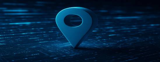 modern location pin, minimalist design, standing amidst digital interface, photorealistic, high-tech background with data streaming, highly detailed, pulsating digital lines, 4K resolution, neon blue hue, soft ambient glow, shot with a macro lens.
