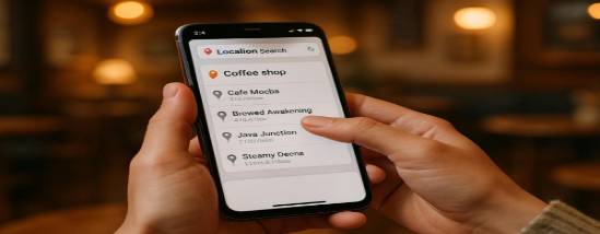 location search on a smartphone, engaging user interaction, refining search results, photorealistic, coffee shop background with cozy decor, highly detailed, interactive touch screen, 1440p clarity, warm color palette, diffuse overhead lights, shot with an 85mm lens.