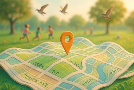 animated location map, whimsical style, streets waving as if alive, photorealistic, grassy park background with children playing, highly detailed, birds flying above, UHD quality, pastel colors, early morning light, shot with a tilt-shift lens.
