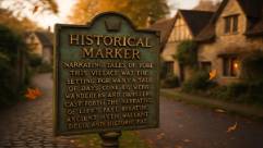 historical location marker, aged patina, narrating tales of yore, photorealistic, quaint village background with cobblestone paths, highly detailed, drifting autumn leaves, cinematic depth, rich earthy tones, soft afternoon light, shot with a 105mm lens.