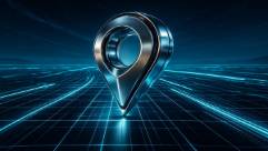 futuristic location pin, sleek and metallic, orbiting in a digital grid, photorealistic, virtual landscape background with neon accents, highly detailed, light trails of data, super-resolution output, stark metallic colors, luminescent lighting, shot with a fisheye lens.