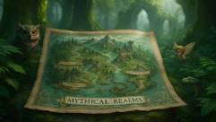 fantasy location map, enchanted aura, revealing mythical realms, photorealistic, misty forest background with ancient ruins, highly detailed, magical creatures peeking through foliage, high-fidelity graphics, lush greens and blues, dappled sunlight, shot with an anamorphic lens.