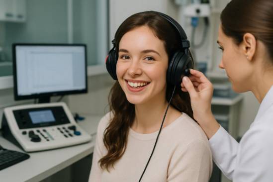 young woman, showing a cheerful expression, having her hearing assessed, photorealistic, modern clinic with state-of-the-art equipment, highly detailed, ambient clinic sounds, captured with precise focus, neutral tones, artificial clinic lighting, shot with a 85mm lens.