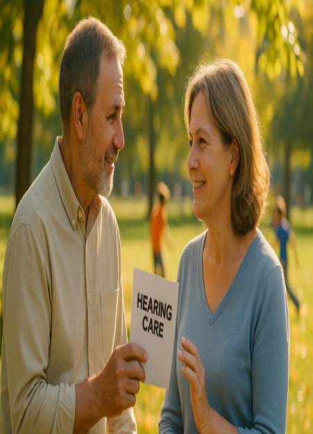middle-aged couple, with content expressions, discussing hearing care, photorealistic, sunny park with children playing in the background, highly detailed, leaves rustling in the breeze, HD quality, vibrant colors, sun-drenched afternoon light, shot with a 70-200mm telephoto lens.