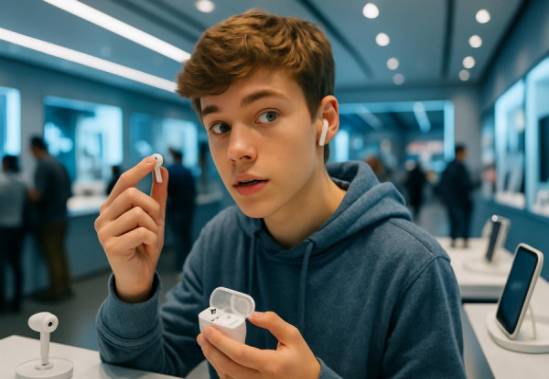 teenage boy, looking curious, exploring new hearing technology, photorealistic, tech store with sleek, futuristic designs, highly detailed, background chatter of customers, ultra high-definition clarity, cool blue tones, soft LED lighting, shot with a 35mm prime lens.