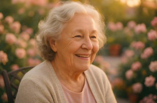 senior woman, displaying a relaxed expression, enjoying a conversation, photorealistic, garden patio surrounded by blooming flowers, highly detailed, gentle whispers of wind, 4K resolution, pastel colors, golden hour lighting, shot with a macro lens.