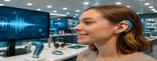 modern hearing technology, innovative, enhancing a young woman's experience, photorealistic, set in a tech store filled with gadgets, highly detailed, screens displaying sound visuals, intricate circuitry, metallic blue and white, bright showroom lighting, shot with a wide-angle lens.