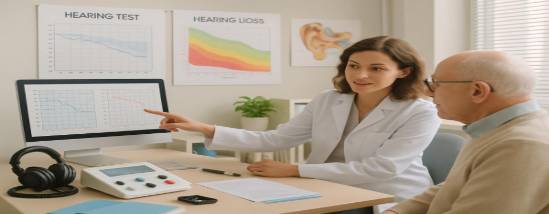 advanced hearing health setup, reassuring, being explained by an audiologist, photorealistic, in a well-organized clinic room, highly detailed, audiologist pointing at charts, detailed office tools, soft pastel colors, natural daylighting, shot with a normal lens.