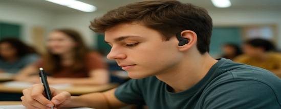 discreet hearing enhancement device, subtle, in use by a teenage student, photorealistic, in a lively classroom, highly detailed, student taking notes with visible tranquility, polished and ergonomic design, matte black, clear fluorescent light, shot with an 85mm lens.