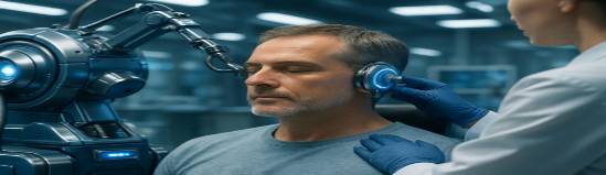 futuristic hearing loss treatment, hopeful, providing relief to a middle-aged man, photorealistic, in a cutting-edge medical facility, highly detailed, man engaged in therapy, sophisticated equipment, metallic blue and chrome, clinical overhead lights, shot with a telephoto lens.