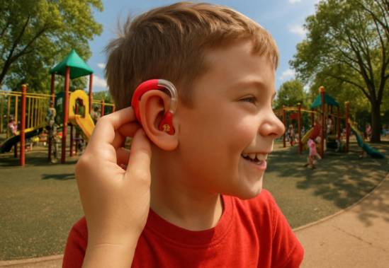 compact hearing aid, unobtrusive, being adjusted by a young boy, photorealistic, in a playground bustling with activity, highly detailed, boy smiling and conversing, sleek design with child-friendly elements, vibrant red, sunny daylight illumination, shot with a fisheye lens.