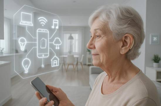 integrated hearing technology, revolutionary, syncing with smart devices for an elderly woman, photorealistic, within a smart home environment, highly detailed, showing smart home synchronization, futuristic interface, white and soft gray, electronic ambient glow, shot with an ultra-wide lens.
