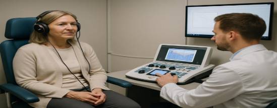 audiology examination room, focused, measuring hearing levels, photorealistic, state-of-the-art equipment and comfortable seating, highly detailed, testing in progress, precise and sharp, neutral, soft overhead lighting, shot with a 35mm lens.