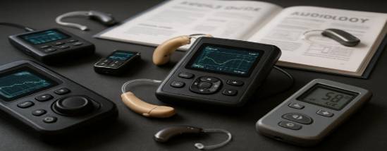 advanced audiology devices, innovative, adjusting settings, photorealistic, scattered across a modern desk with technical manuals, highly detailed, small LED monitors displaying data, crisp, electronic-focused, shot with a macro lens.