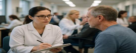 dedicated audiology specialist, attentive, consulting a patient, photorealistic, busy clinic environment with specialists and clients, highly detailed, notebook and pen in hand, professional, daylight bulbs, shot with an 85mm lens.