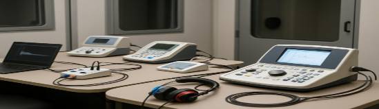 assorted audiology equipment, technical, being prepared for use, photorealistic, arrayed on ergonomic surfaces amidst testing booths, highly detailed, wires and cables neatly managed, consistent, controlled studio lighting, shot with a 70-200mm lens.