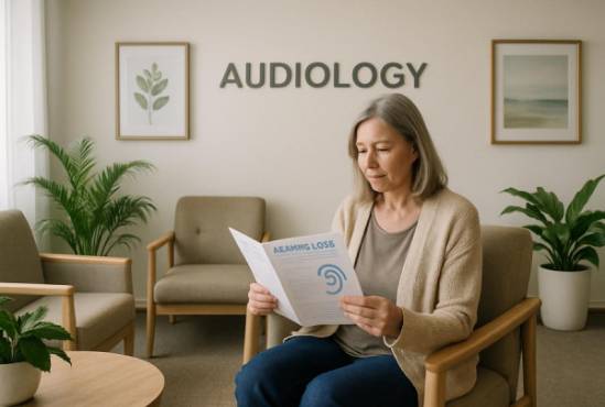 audiology clinic waiting area, peaceful, reading informational brochures, photorealistic, cozy seating and potted plants in serene setting, highly detailed, framed art on white walls, tranquil, diffuse natural lighting, shot with a 24mm lens.