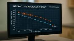 interactive audiology graph, analytical, displaying patient results, photorealistic, on a computer screen in a consultancy room, highly detailed, graph lines and data points highlighted, informative, LCD screen lighting, shot with a 50mm lens.