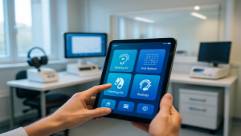 digital audiology tools, user-friendly, illustrating function on a tablet, photorealistic, in a light-filled clinic room equipped with the latest technology, highly detailed, touch interface with vivid icons, sleek, ambient lighting, shot with a 35mm lens.