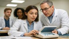 young audiologist intern, eager, learning to operate devices, photorealistic, under supervision in a training session with colleagues, highly detailed, manuals and reference materials nearby, studious, bright fluorescents, shot with a 85mm lens.
