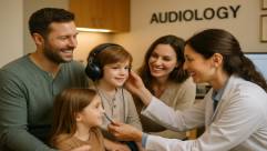 family visiting audiology clinic, content, getting their hearing checked, photorealistic, in an inviting and family-friendly environment, highly detailed, children interacting with audiologist, comforting, warm ceiling lights, shot with a 50mm lens.