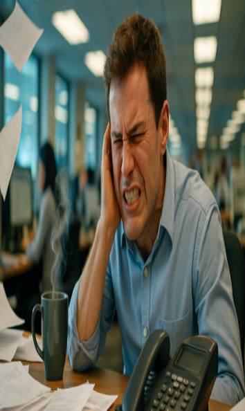 agitated misophonia stress, anxious, clenching jaw, photorealistic, busy office space with ringing phones and keyboard clicking, highly detailed, flowing coffee steam and scattered papers, vivid colors, fluorescent lighting, shot with an 85mm lens.