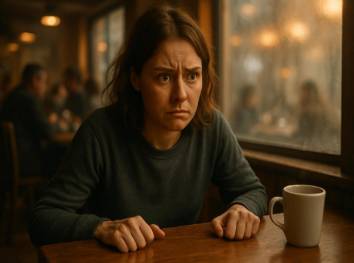 nervous misophonia anxiety, tense, gripping table edge, photorealistic, cozy coffee shop with quiet chatter and clinking cups, highly detailed, hazy window condensation, warm hues, soft ambient light, shot with a 35mm lens.