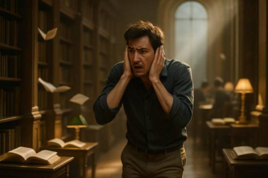 frantic misophonia reaction, panicky, pacing nervously, photorealistic, serene library with rustling pages and quiet whispers, highly detailed, floating dust particles in a sunbeam, natural warm tones, diffused lighting, shot with a 70-200mm zoom lens.