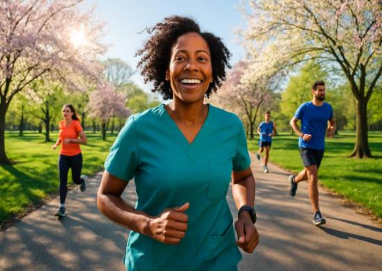 vibrant patient wellness, optimistic, jogging in a park, photorealistic, in a vibrant park with blossoming trees and a clear path, highly detailed, energetic people passing by, high definition, blues and greens, bright morning sun, shot with a 24mm lens.
