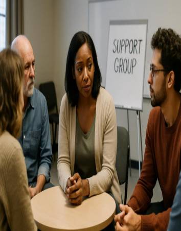 dedicated patient support, genuine, listening carefully, photorealistic, at a support group meeting room with a round table and whiteboard, highly detailed, diverse group engaged in conversation, sharp image, varied skin tones, indoor lighting, shot with a 35mm lens.