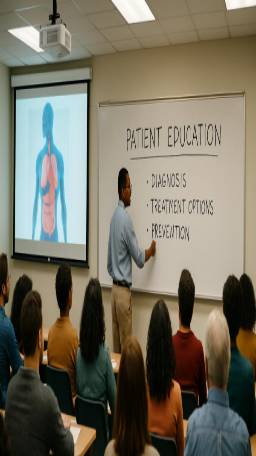 informative patient education, insightful, teaching a class, photorealistic, in a spacious classroom filled with attentive students and a projector, highly detailed, instructor writing on a whiteboard, crystal clear, diverse colors, overhead fluorescent lights, shot with a 50mm lens.