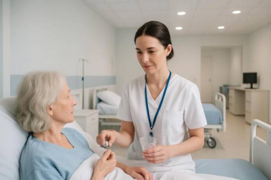 reliable patient care, peaceful, administering medication, photorealistic, within a minimalist hospital ward with neat beds and a nurse station, highly detailed, calm expression of healthcare professional, vivid clarity, white and blue, ceiling spotlights, shot with a 70mm lens.